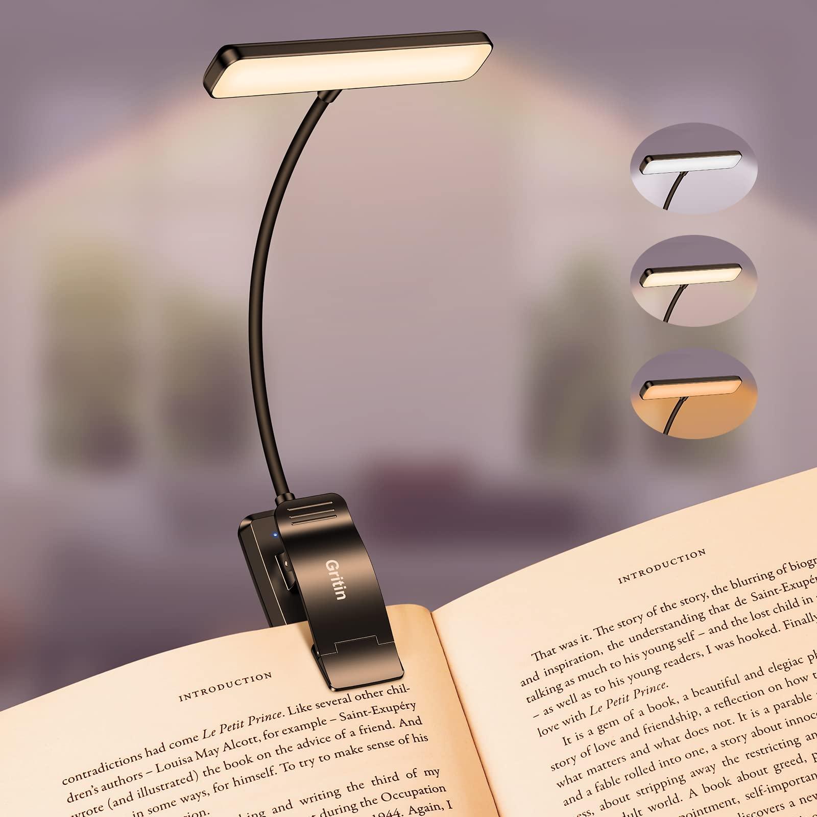 Gritin Lampe de Lecture 19 LED, Liseuse Clip Rechargeable, Protection des Yeux, Gradation en Continu & 3 Couleurs (Ambre/Blanc/Mixte), 360° Cou Flexible, Longue Durée, Portable pour Lire au Lit Noir 1