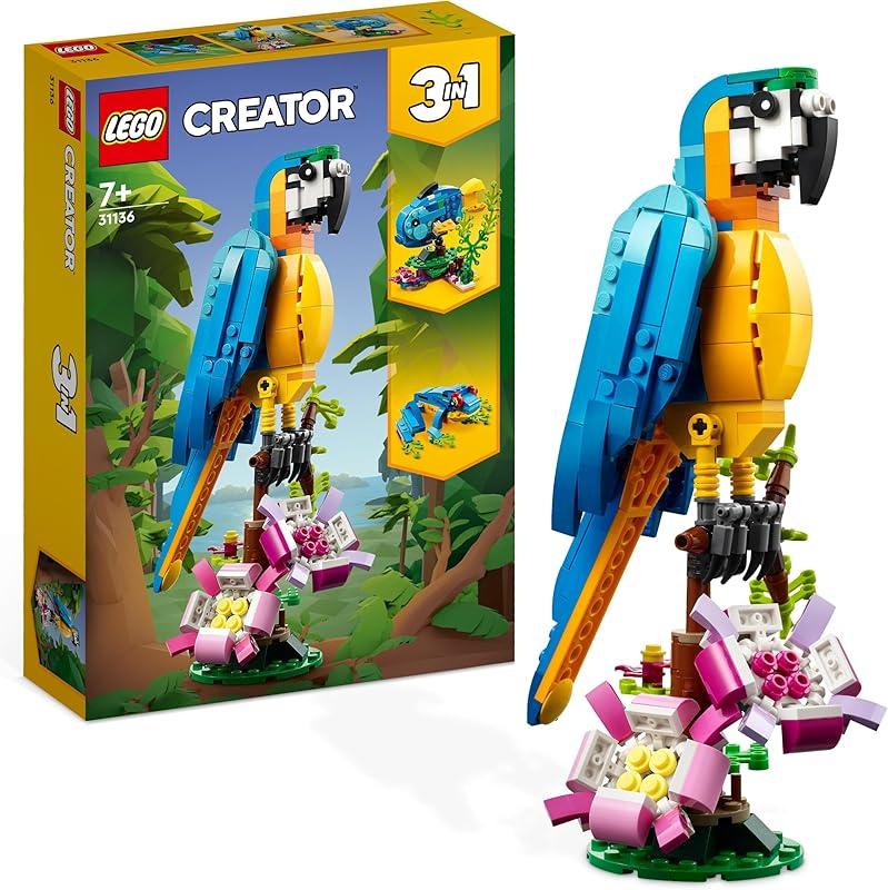 LEGO 31136 Creator 3-en-1 Le Perroquet Exotique, Jouet de Construction, Figurines Animaux de la Jungle, avec Grenouille et Poisson, Jeu Créatif Enfants Dès 7 Ans