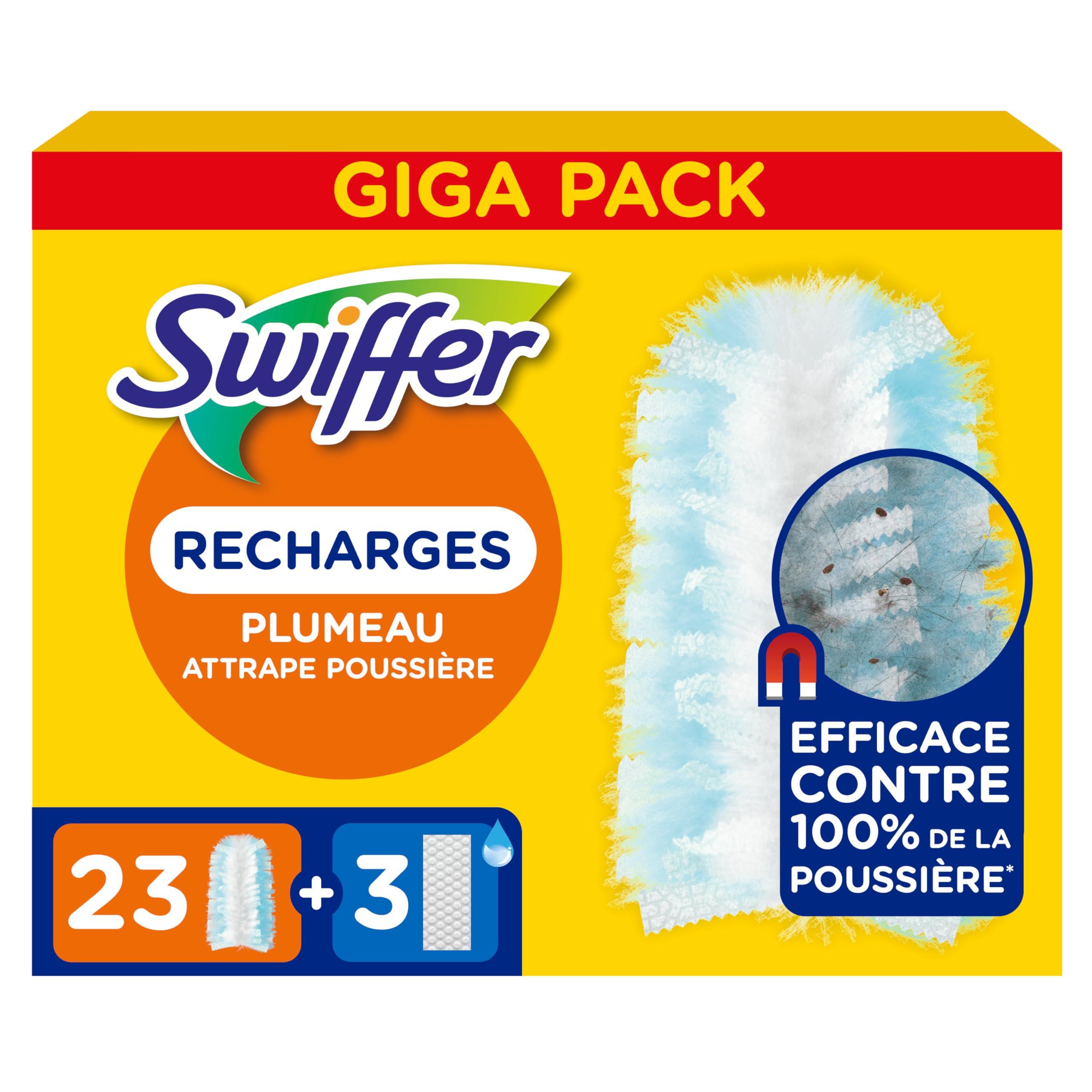 Swiffer Duster Plumeau Recharges, 23 Unités et 3 Lingettes Nettoyantes Humides, Capture Poussière, Saleté, Poils et Allergènes, Atteint Les Coins Difficiles, Rapide et Efficace Swiffer Duster Plumeau 23 Recharges